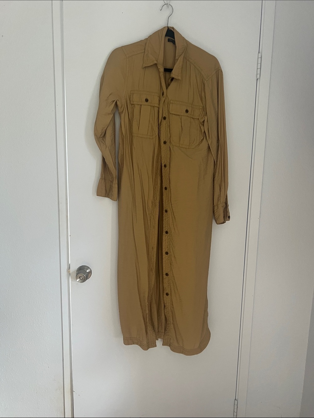 Long Button-Front Shirt Dress in Tan